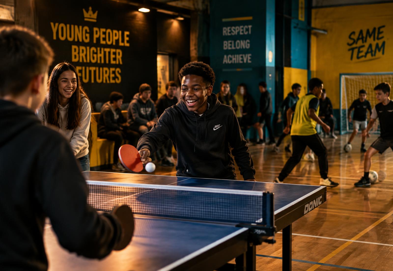 Young people playing table tennis and football at a Rising Stars Friday session